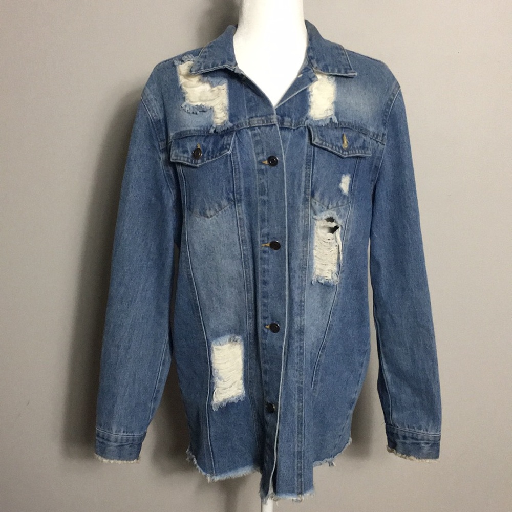 Love Tree Distressed Ripped Frayed Blue Denim Button Down Shirt Jacket